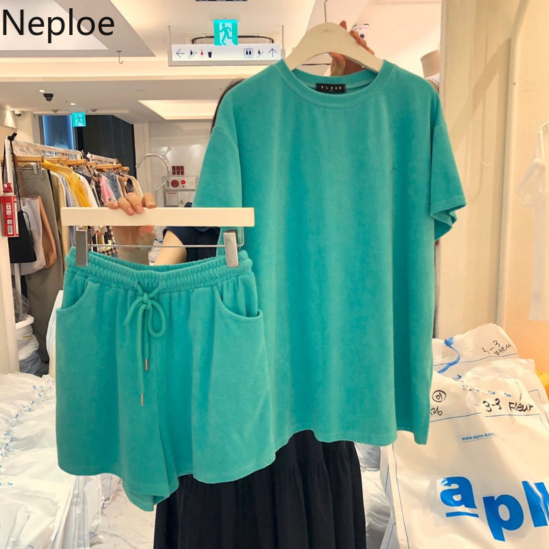 Neploe Women Sets Summer Tracksuit O Neck Short-sleeved T-shirt + Elastic Waist Casual Shorts Loose Two-piece Suit Female 4l238 210422