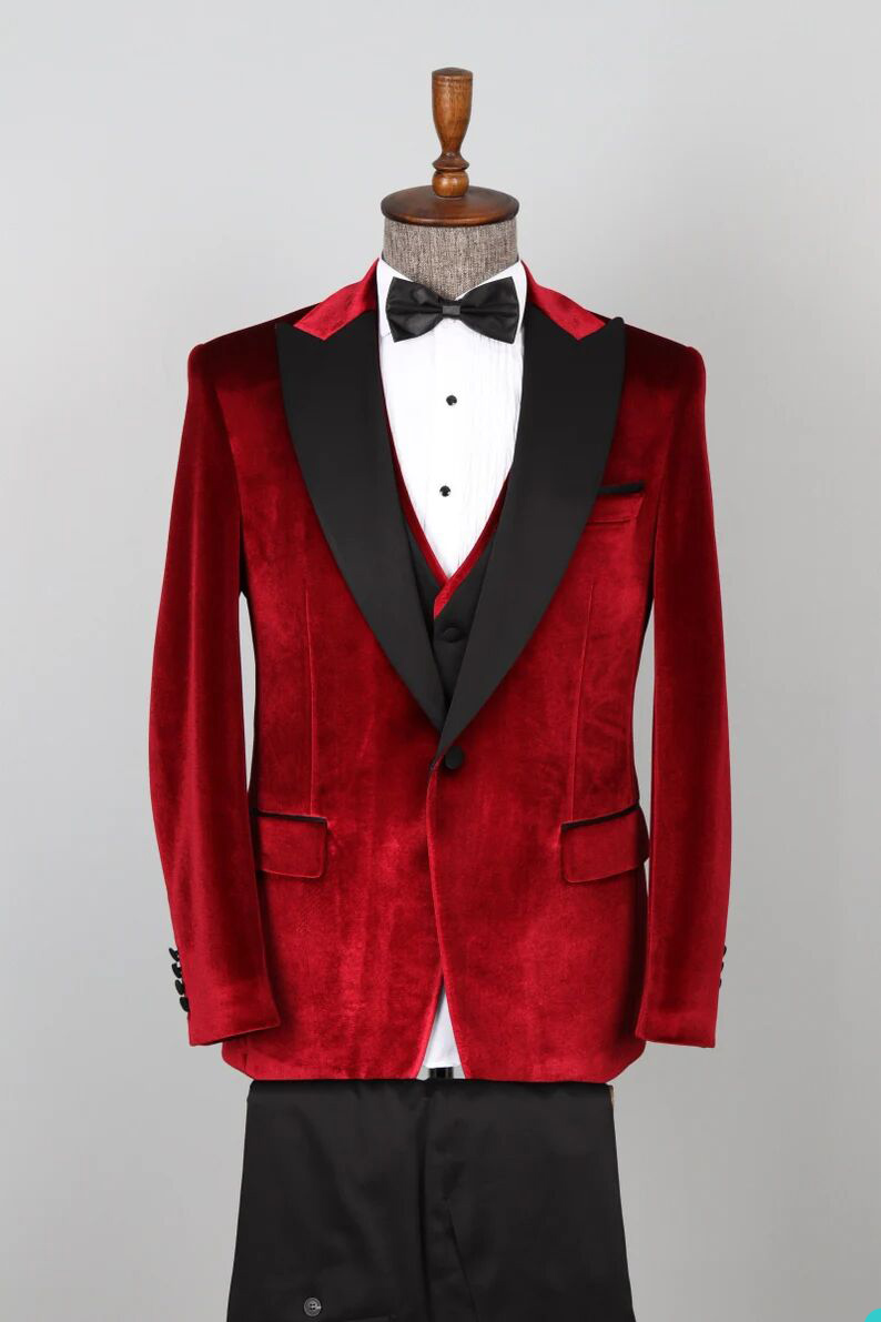 2025 Newest One Button Groom Tuxedos Red Shawl Lapel Slim Fit Mens Wedding Suits Formal Party Prom Suit Custom Made (Jacket+Vest+Pants)