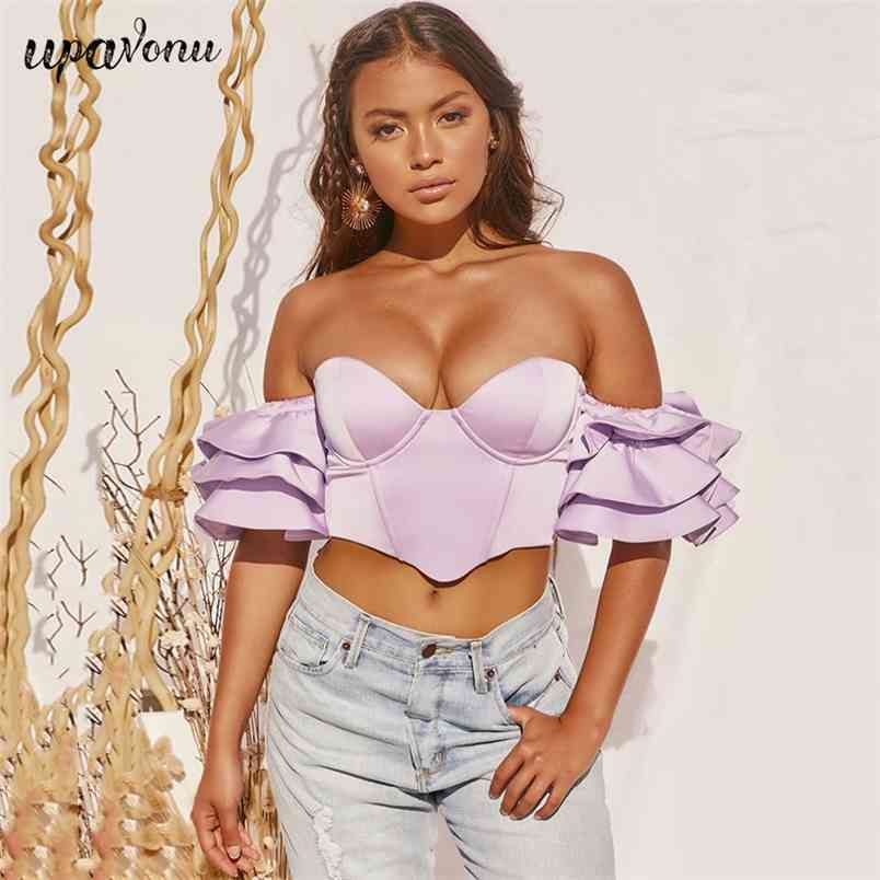 Free Chic Women's Purple Crop Top Sexy V-neck Card Shoulder Ruffle Sleeve Halter Cropped 210524