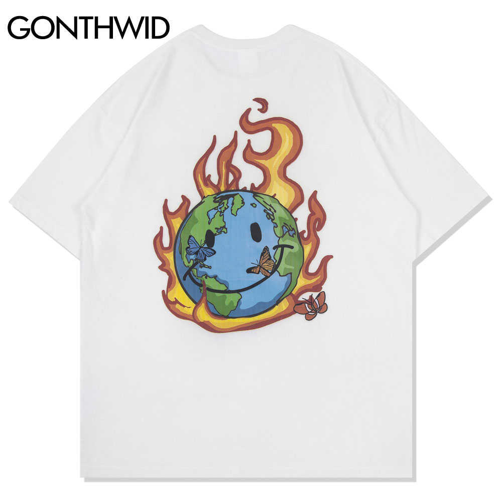 GONTHWID Tshirts Streetwear Fire Flame Earth T-Shirts Harajuku Mens Hip Hop Casual Cotton Short Sleeve Tops Tees 210629
