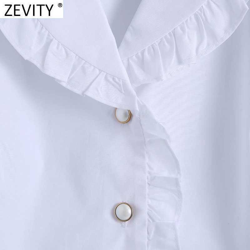 Zevity Women Sweet Agaric Lace Ruffles White Poplin Short Smock Blouse Office Lady Puff Sleeve Shirt Chic Blusas Tops LS9353 210603