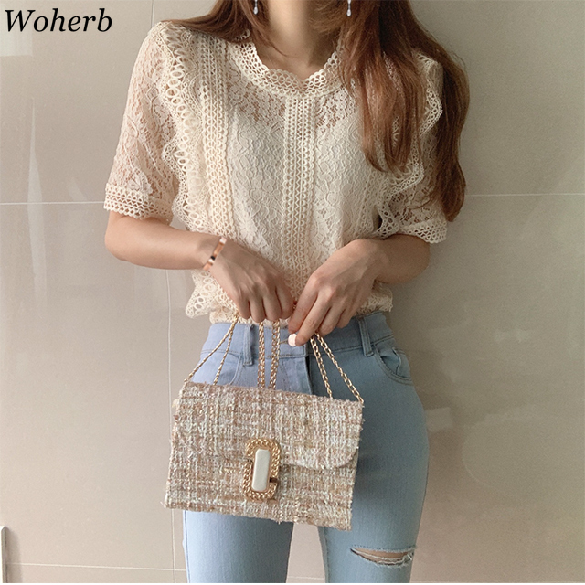 Plus Size Short Sleeve Shirts Hollow Out Korean Fashion Blouse Summer Elegant Lace Tops Women Blusas Mujer Elegante 210519