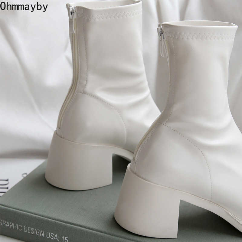 Women Ankle Boots Woman Square High Heel Fashion Zipper Women's Shoes 2021 Autumn Winter Soft Leather White Short Female Booties Y0905