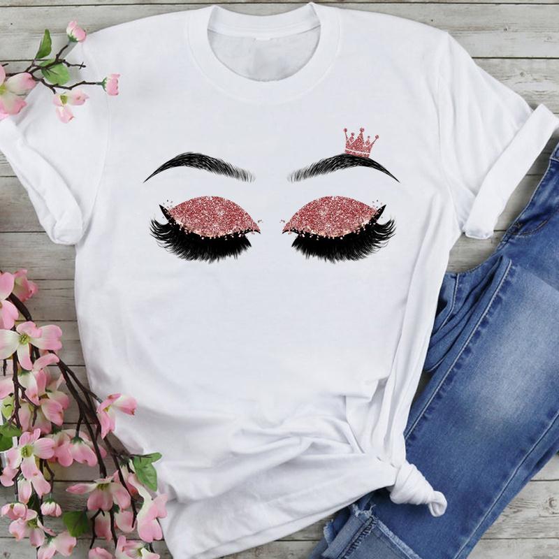 Women's T-Shirt Women Sweet 2021 Clothing Cute Style Eyelash Cartoon Summer Fashion Lovely Clothes Print Short Sleeve Tops Tees Tshirt