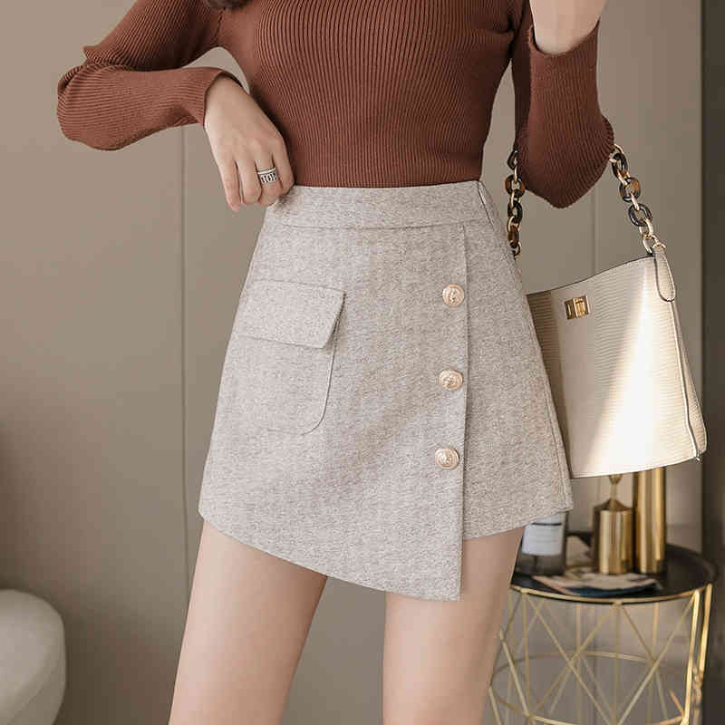 short feminino autumn and winter casual button skirt irregular Thin High Waist women's wool pants 7634 50 210427