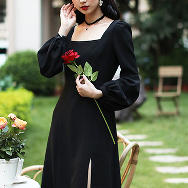 French Retro Chiffon Dress Women Black Square Collar Temperament Puff Long Sleeves Waist-length Clothing for Ladies 13234 210427