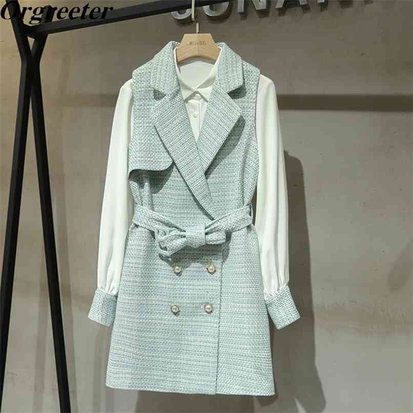 Elegant OL Tweed Dress 2 Piece Set Fall Winter Long Chiffon Shirt + Notched collar Double-breasted Sashes Vest 210602, Pink 
Elegant OL Tweed Dress 2 Piece Set Fall Winter Long Chiffon Shirt + Notched collar Double-breasted Sashes Vest 210602, Pink