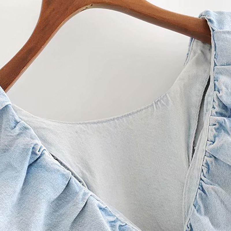 Ruffles O Neck Cowboy Mini Dress Long Sleeve Zipper Chic es Light Blue Color A Line Women Vestidos Mujer XS-L 210515