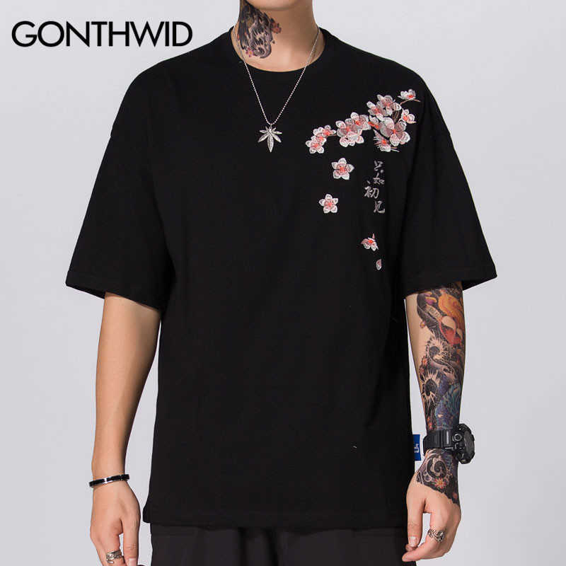 GONTHWID Harajuku Embroidery Cranes Cherry Blossoms Flowers T-Shirts Men Casual Short Sleeve Top Tees Hip Hop Streetwear Tshirts 210623