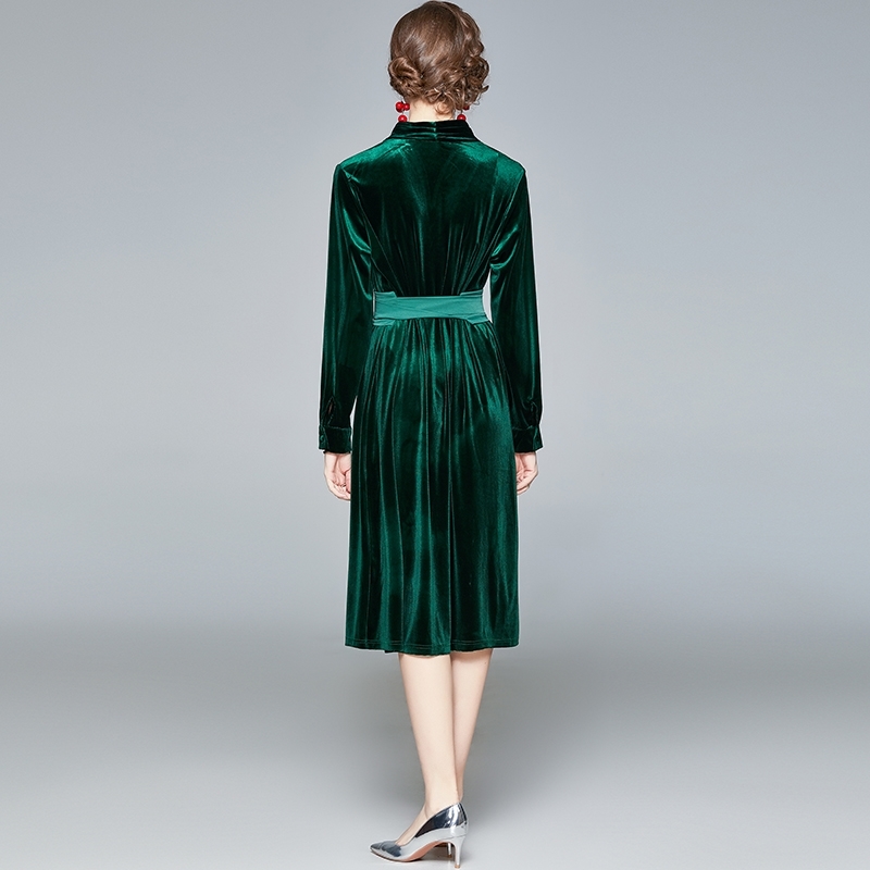 Autumn Woman Velvet Dark Green Dresses Long Sleeve Sexy V-Neck Vestido De Mujer Clothing Female With Belt 210520
