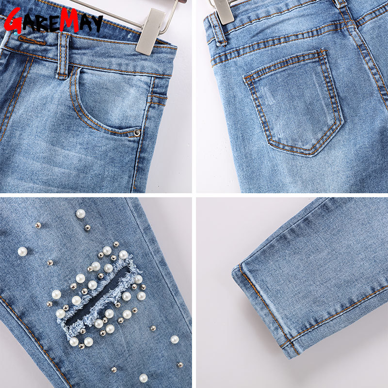 Ripped Skinny Jeans For Women Ankle length Pearl Beads Woman Vintage Slim Denim Pencil Pants Hole 210428
