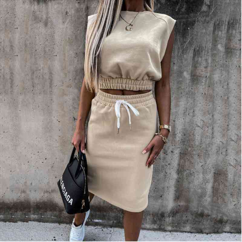 office fashion skirt suits elegant o-neck sleeveless solid print and drawstring skirts summer streetwear two piece set, Gray
office fashion skirt suits elegant o-neck sleeveless solid print and drawstring skirts summer streetwear two piece set, Gray