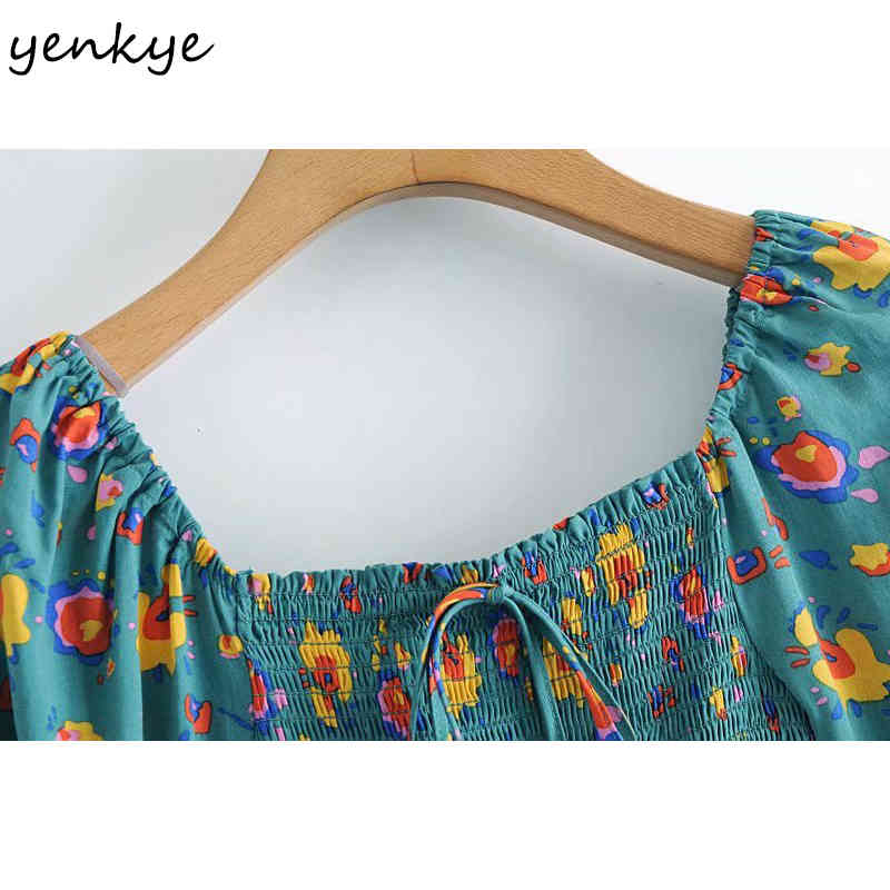 YENKYE Vintage Green Floral Print Dress Women Sexy Square Neck Long Sleeve A-line Midi Lady Dresses Holiday Summer Vestido 210515