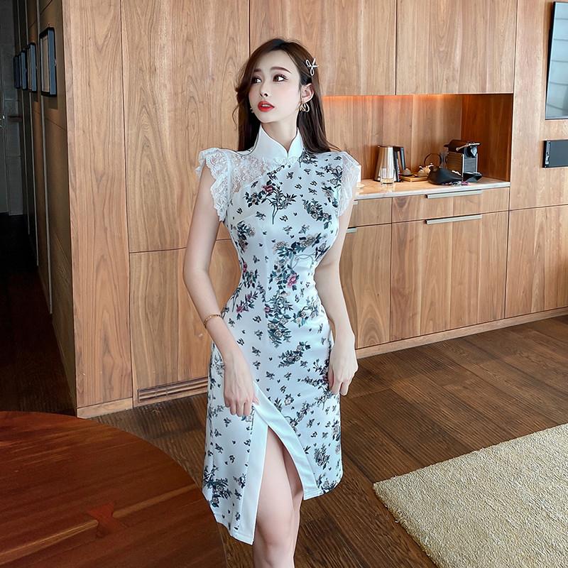 Real S 2021 Fashion Women's Sexy Printed Cheongsam Belly Slimming Retro Split Dress Casual Dresses