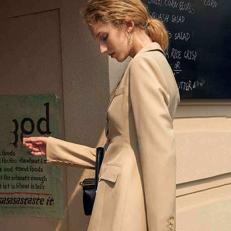 [EAM] Women Light Khak Shaped Vintage Blazer Lapel Long Sleeve Loose Fit Jacket Fashion Spring Autumn 1DD8050 210512