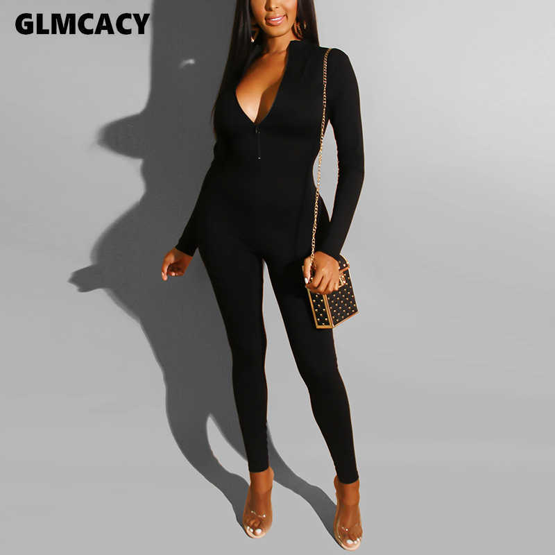 Women Long Sleeve Plunge V-neck Bodycon Jumpsuit Skinny Slim Fit Stretch Spring Fall Night Out Club Party Overall 210702