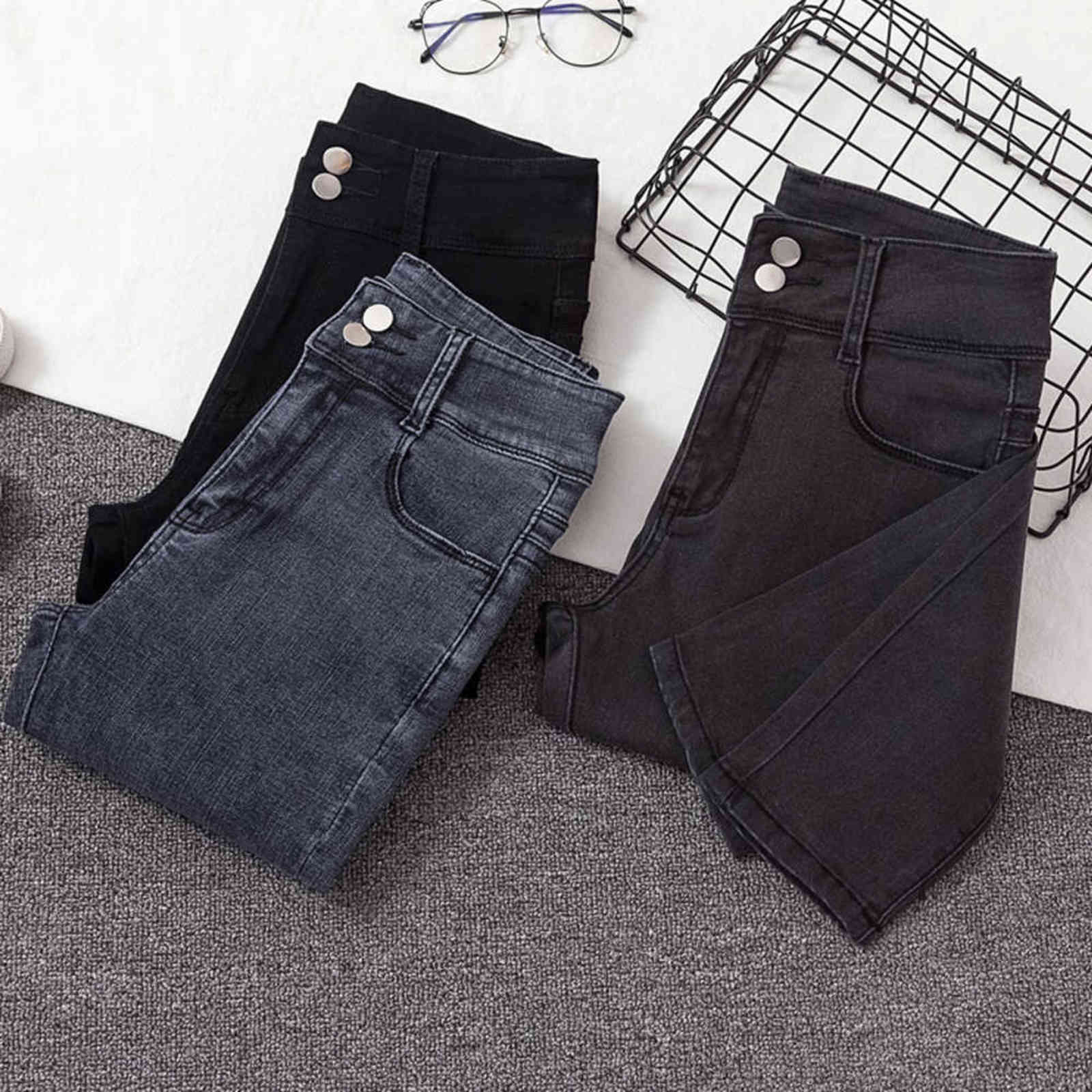 High Waist Jeans Women Fashion Casual Streetwear Slim Black Blue Gray Jeans Vintage Stretch Denim Pencil Pants Women 211112