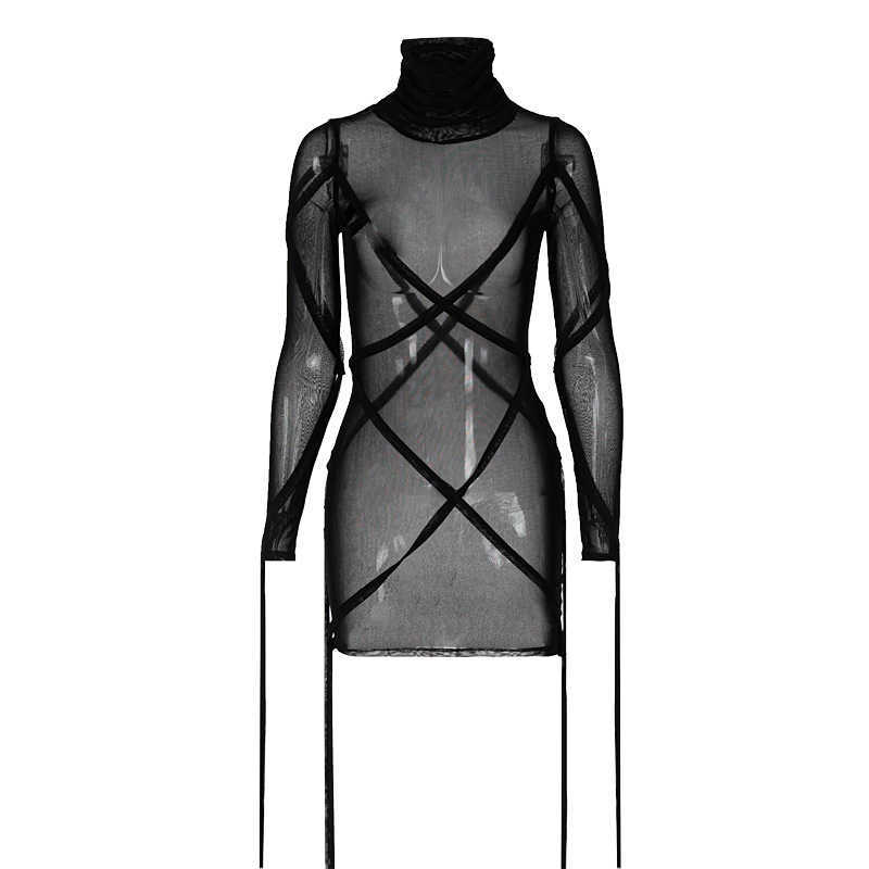 DEAT Women Sexy Stitching Mesh Dress Solid Color Long Sleeve Turtleneck High Wasit Fashion Spring Summer 11B014 210709