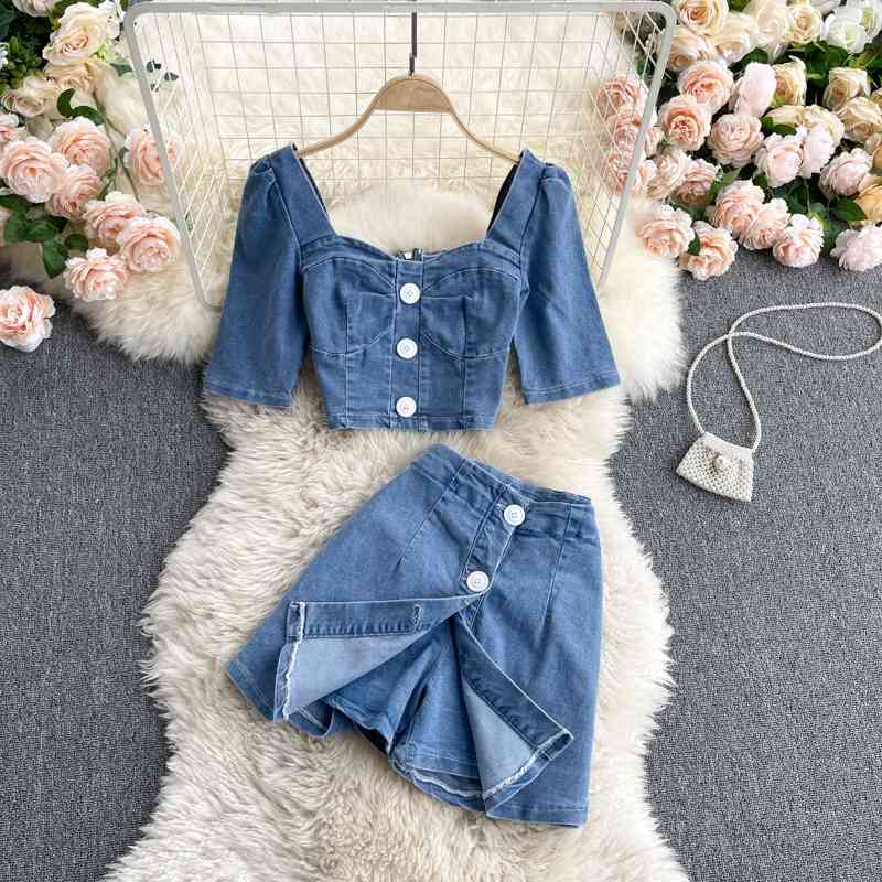 DEAT Women Square Collar Open Navel Versatile Shirt High Waist A-line Shorts Two Piece Set Fashion Spring Summer 11B358 210709