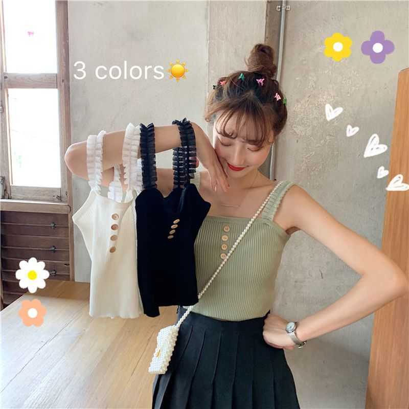 

Summer sexy suspenders kawaii girl Korean knitting sleeveless short vest bottoming shirt Indie Pop women's outer sweet vests 210526, 6859 black