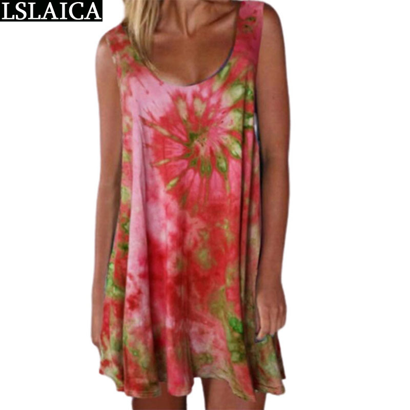 Plus Size Fashion Summer Dress Sleeveless Round Neck Women's Casual Tie-Dye Print Beach Style Ropa Mujer Verano 210515