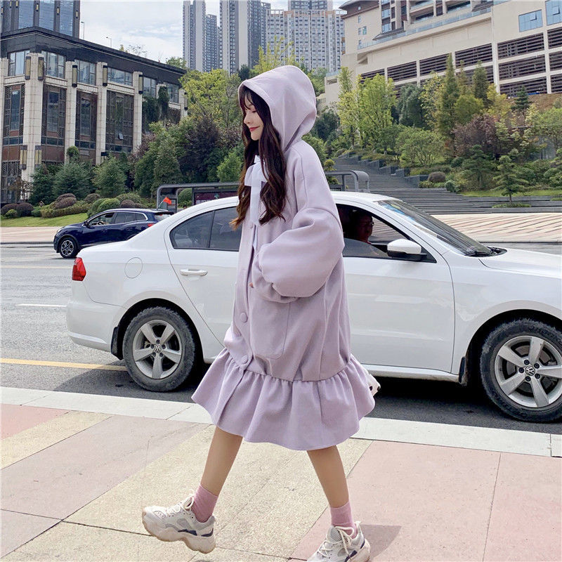 Warm Wool Coat Vinter Sweet Bow Patchwork Trench Long Female Casual Button Japanese Kawaii Thick s 210510