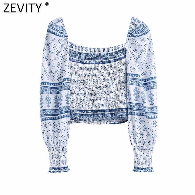 Zevity Women Vintage V Neck Patchwork Floral Print Short Shirts Female Elastic Pleated Slim Blouse Chic Ruffles Crop Tops LS9346 210603