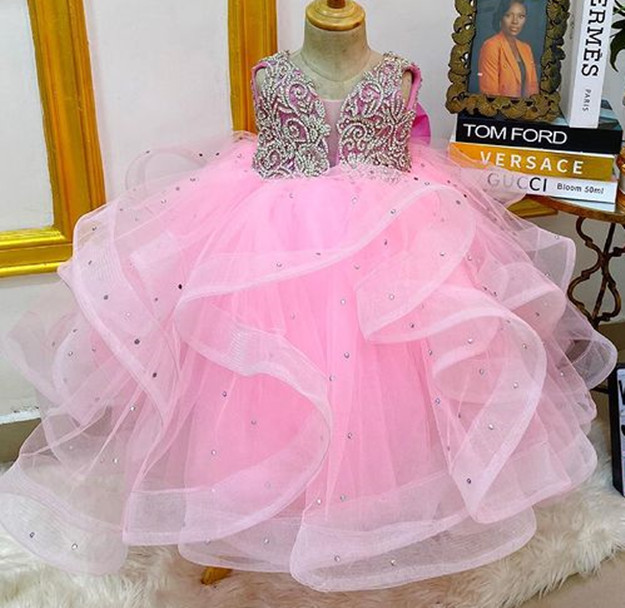 2021 Pink Luxurious Crystals Flower Girl Dresses Ball Gown Tulle Bow Lilttle Kids Birthday Pageant Weddding Gowns ZJ676