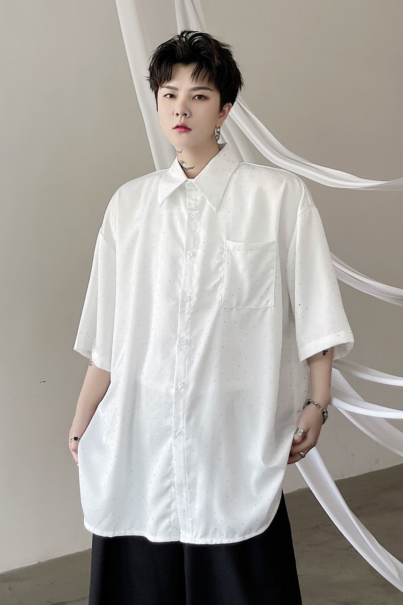 IEFB Summer fixrhinestone Loose Men's Short Sleeve Shirt Two Color Lapel Signle Breasted Loose Big Size Shirts 9Y7529 210524