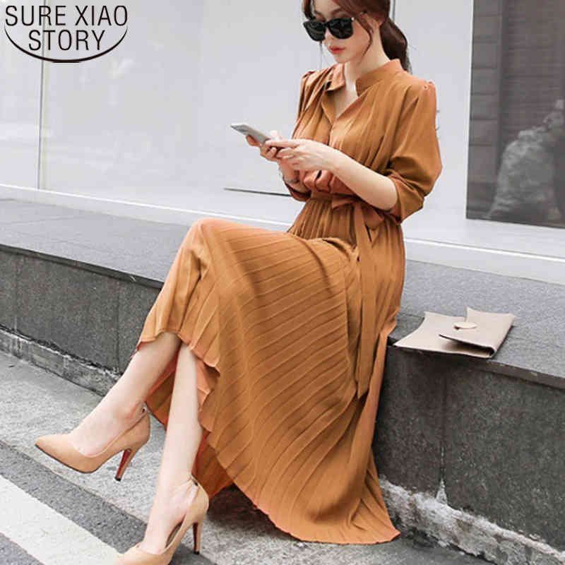 Autumn Single Breasted Chiffon Dress Women Pleated es Full Sleeve Slim Waist A-line Vestidos Casual Long 12377 210510