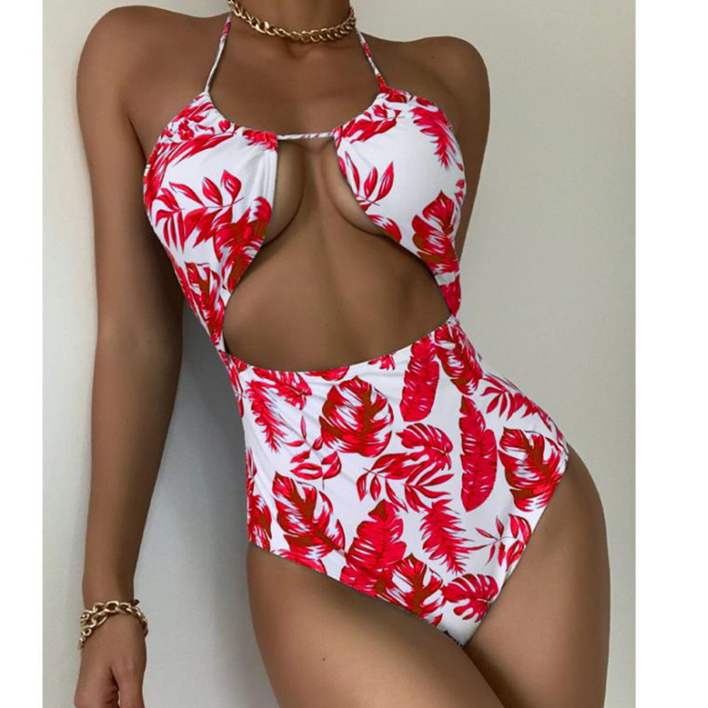 Print Swimwear Swimsuit Women Backless Monokini Hollow Out Bodysuit Beach High Waist Bathing Suit Green 210520