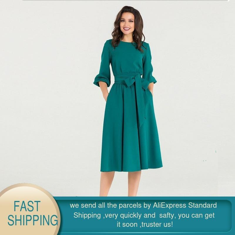 High Waist A Line Chic Dress for Women Elegant Three Quarter Sleeve Ladies Tie Neck Party Beach es 210428