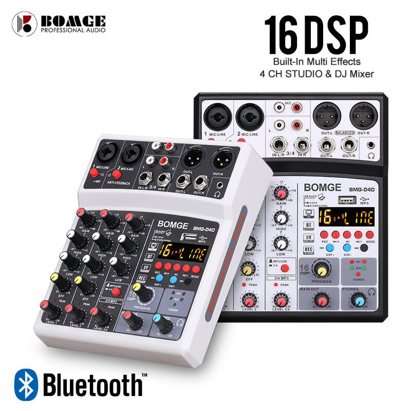 BOMGE 4 Channels Audio Sound Mixer Mixing DJ Console USB with 48V Phantom Power 16 DSP Effects
BOMGE 4 Channels Audio Sound Mixer Mixing DJ Console USB with 48V Phantom Power 16 DSP Effects