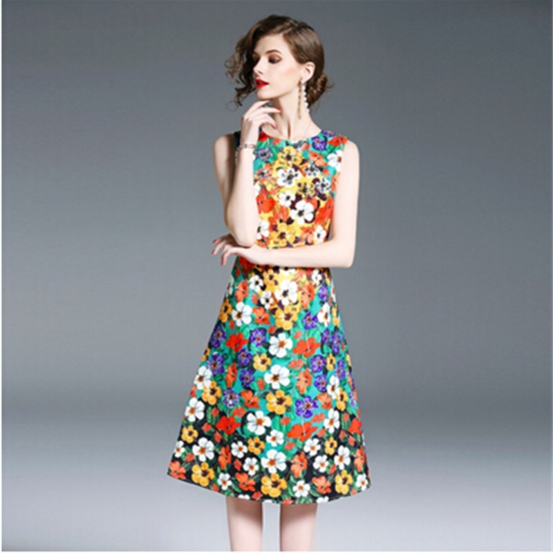 High Quality Runway Summer Jacquard Dress Women Printed Sleeveless Dresses Vestidos 210520