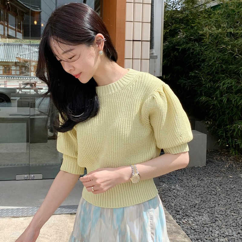Korejpaa Women T-Shirt Summer Korean Playful Age-Reducing Candy Color Round Neck Slim Waist Puff Sleeve Knitted Pullovers 210526
