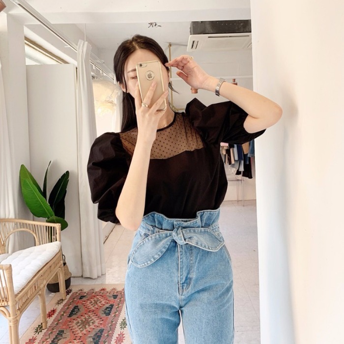 Casual Blouse Women Tops Solid Chic Short Puff Sleeve Korean Blusas Dot Print Mesh Shirt All Match Elegant Blouses 210519
