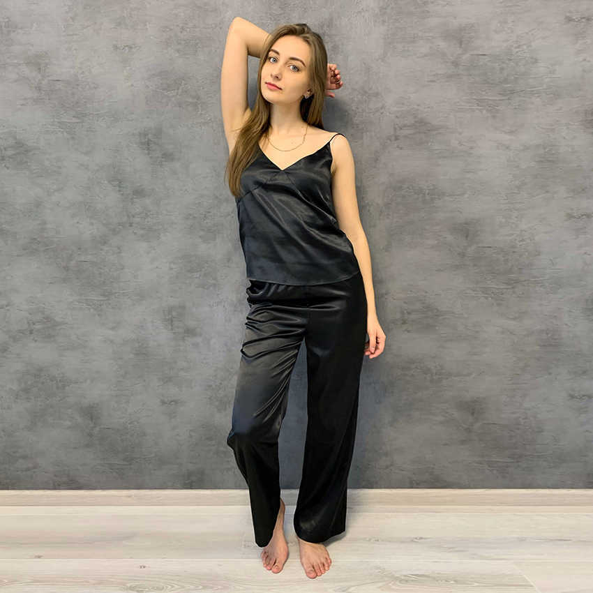 HECHAN White Black Satin Sexy Pajamas Women V Neck Spaghetti Strap Loose Pants Intimate Lingerie Female Set Homewear Casual 210924