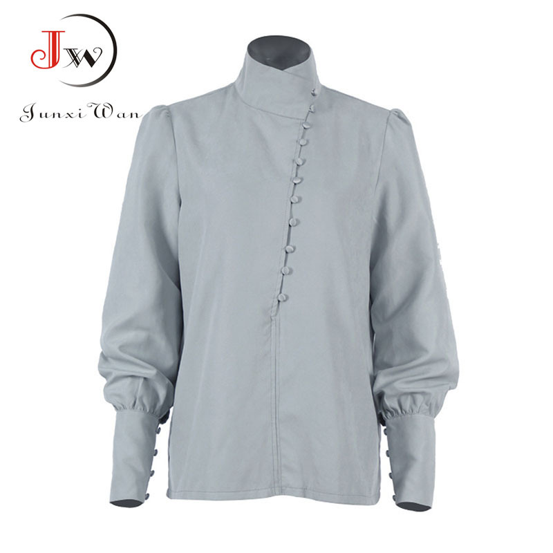 Women Turtleneck Blouse Elegant Long Sleeve White Shirt Office Ladies Tops Casual Solid Single-Breasted Puff Blusas 210510