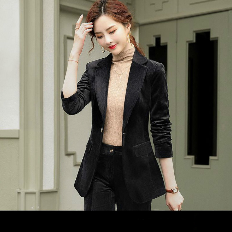Winter Corduroy Casual Business Attire Ladies Solid Single Button Fashion V-Neck Long Sleeve Suit Coat Female 210514