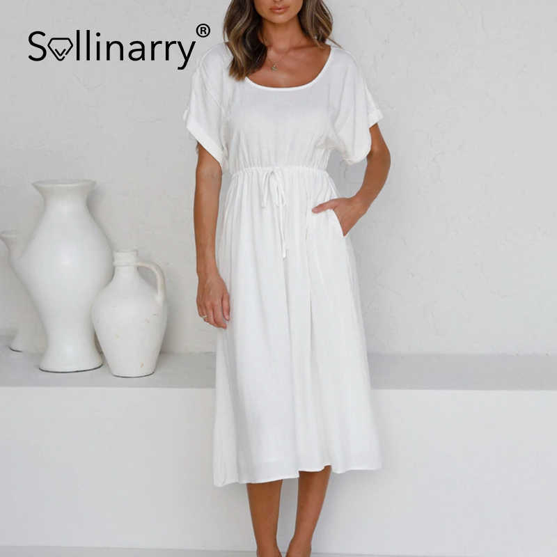 Sollinarry Sexy backless soild white color A-line women dress Summer causel short sleeve dress chic ladies holiday female dress 210709