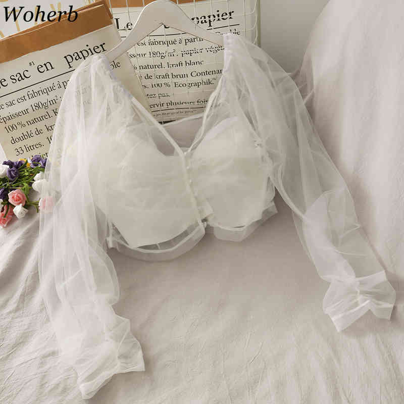 Two Piece Set See Throgh Mesh Top + Sleeve Crop Tank Summer Sexy Solid Blouse Elegant Fashion Streetwear Blusas 210519