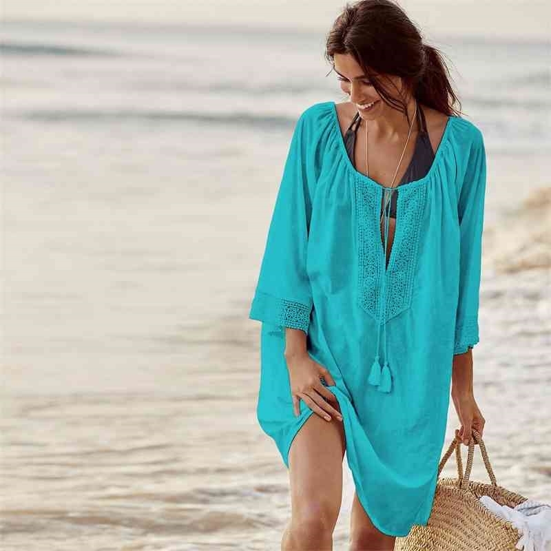 Lace Patchwork Tassel Drawsring Cotton Beach Dress Summer Vacation Womens Cover Ups Casual Loose Black Swimsuit Up 210604