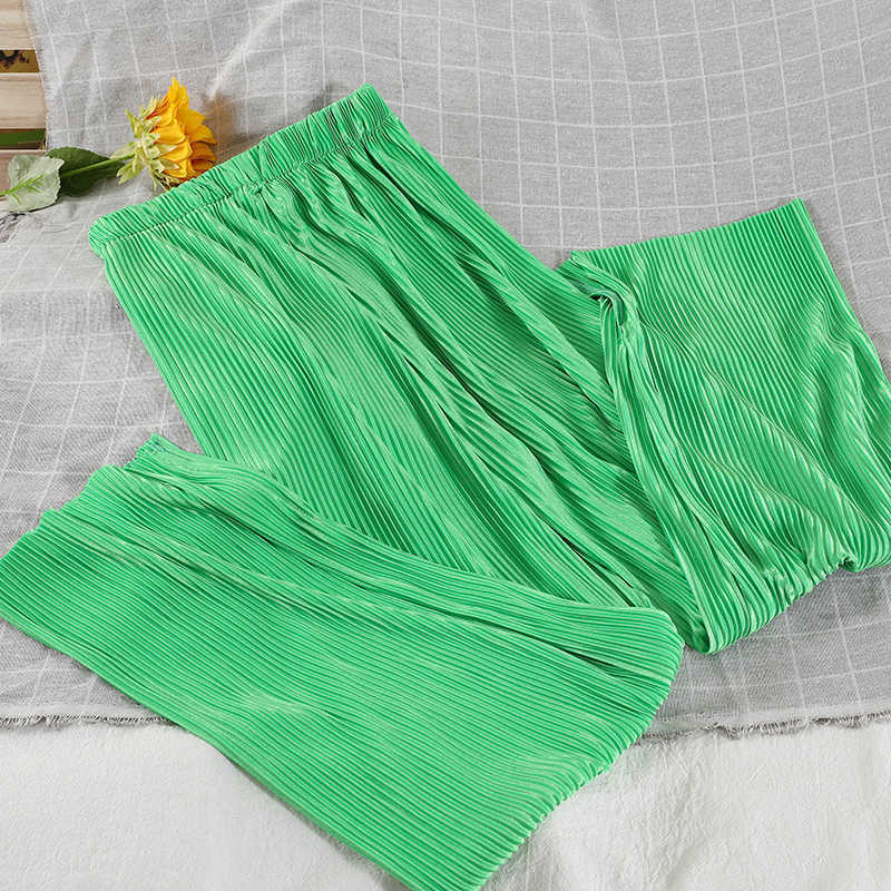 DEAT Women Ruffles Pleated Slash Neck T-shirt Long Pants Two Piece Set Fashion Temperament Spring Summer 11D840 210709