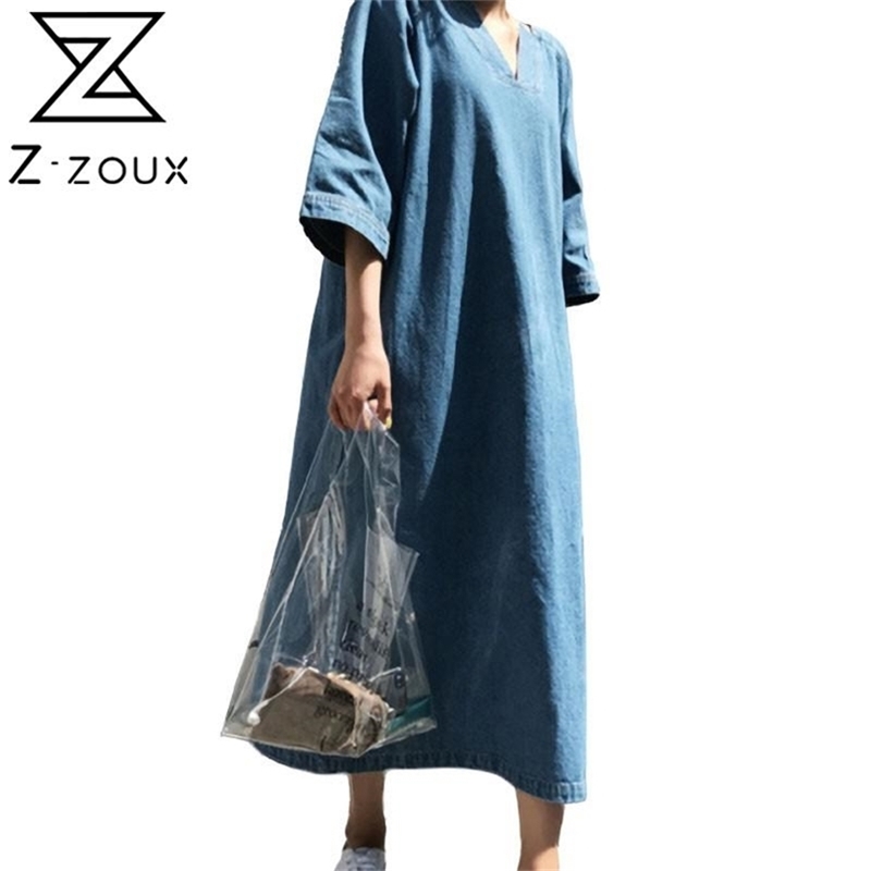Women Dress V Neck Three Quarter Sleeve Denim Temperament Jean es Loose Leisure Long es Summer 210513