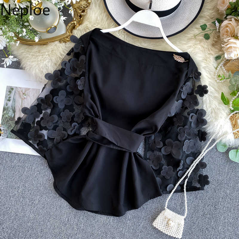 Neploe Autumn Spring Slim Waist Lace Up Blouse O Neck Patchwork Mesh Flare Long Sleeve Appliques Blusas Elegant Shirt T200322