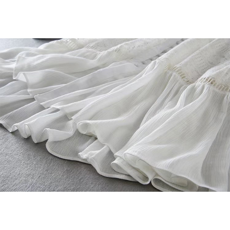 White Lace Boho Maxi Dress For Women, Summer Long Sleeve Beach Sundress, Casual Holiday A-E Tunic Dress, Polyester