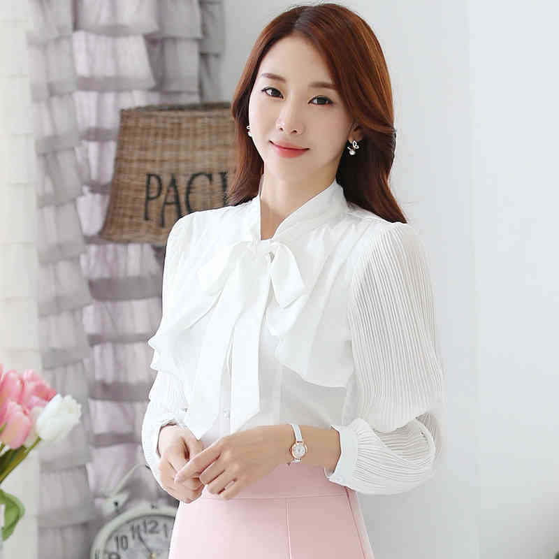 Fashion Women Blouses Solid Chiffon Shirt Bow Collar Office Tops Female Long Sleeve Shirts 2397 50 210508