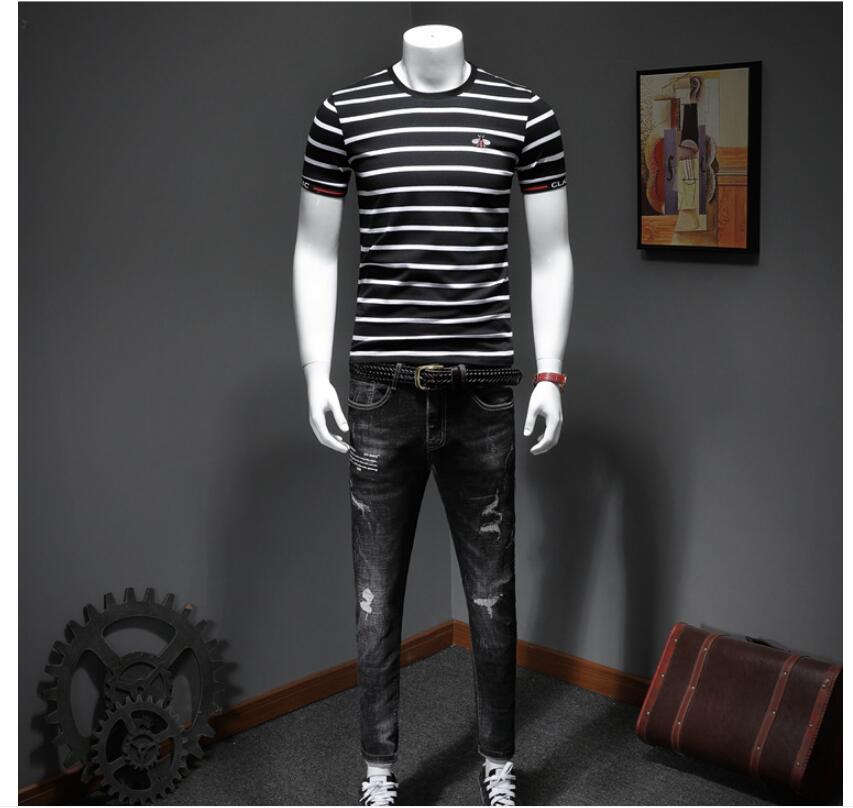 European station men's bee embroidery T-shirt 2021 summer striped men's short-sleeved T-shirt men's net red half-sleeved top