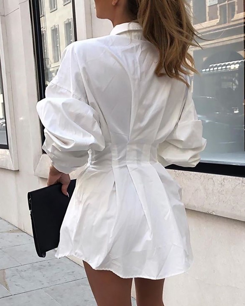 Women Dress Long Sleeve Single Breasted Shirt es Pleated High Waist White Sexy Mini es Spring Summer 210513