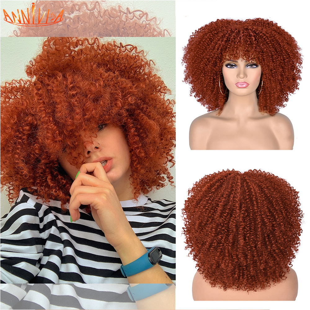 Short Hair Afro Kinky Curly Wig With Bangs For Black Women African Synthetic Ombre Glueless Cosplay Wigs 14 Anniviafactory direct